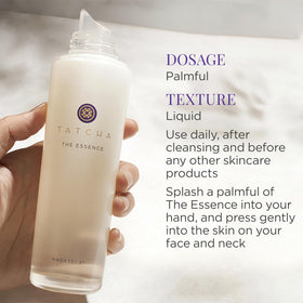 TATCHA Essence on bathroom shelf staged lifestyle, conveying daily routine uplift