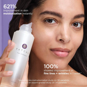 TATCHA The Silk Peony eye cream drop on fingertip demonstrating targeted hydration and smoothing benefit