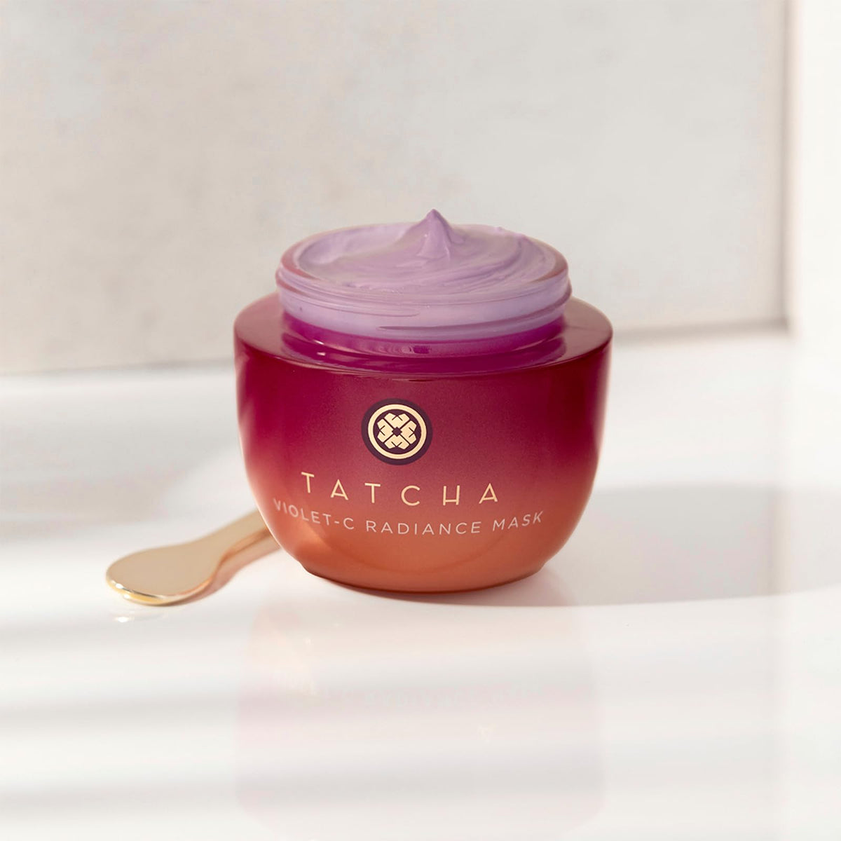TATCHA jar on bathroom shelf in lifestyle setting promoting luxurious routine