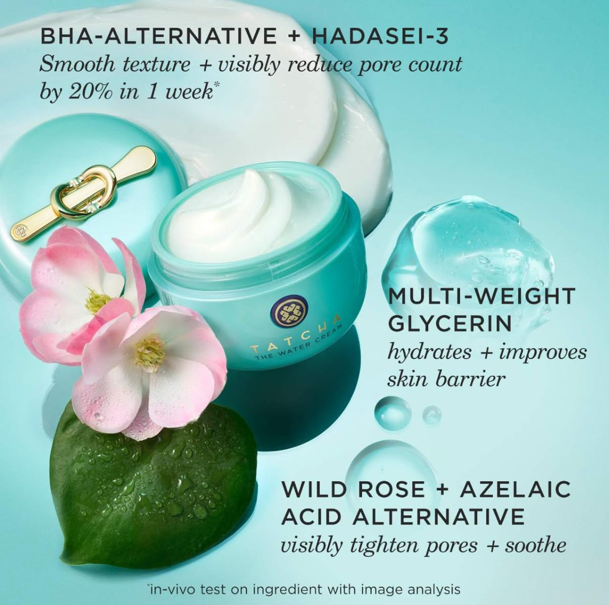 TATCHA jar with clinical materials suggesting evidence-backed hydration and texture benefits