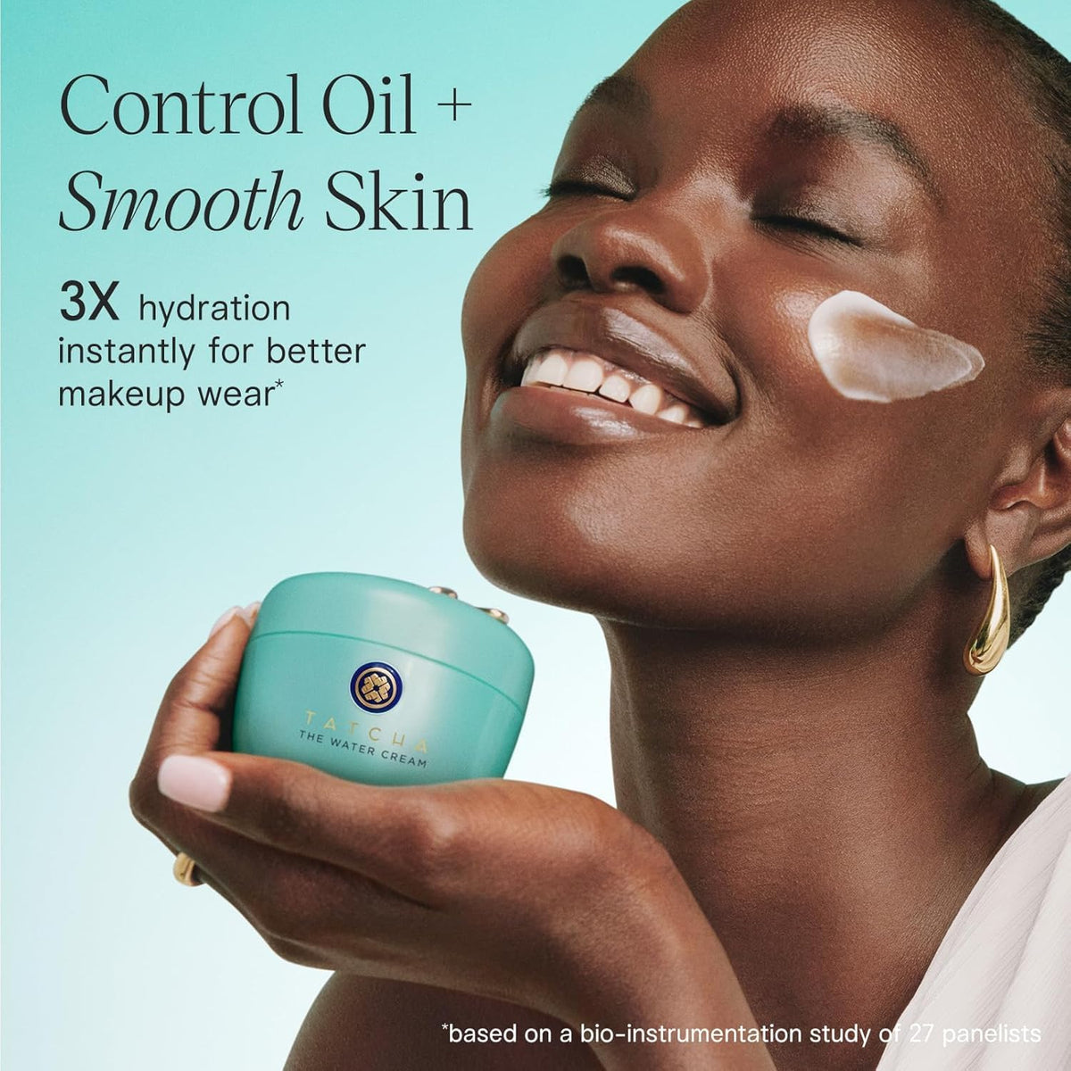 TATCHA product label close-up highlighting ingredients and travel-friendly size benefit