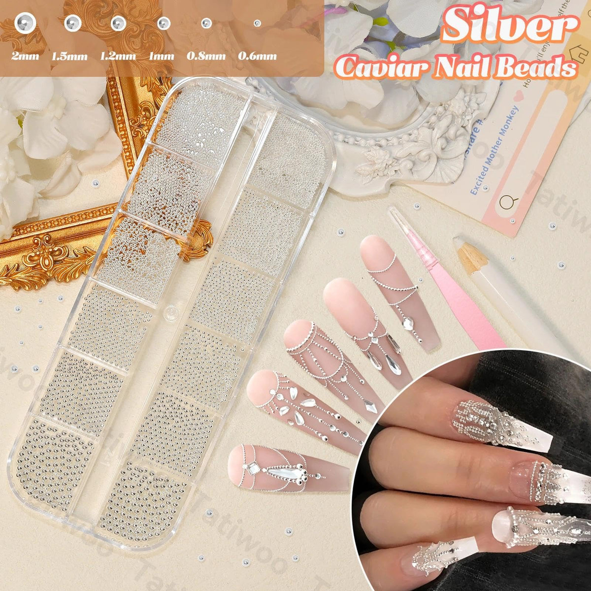 Tatiwoo beads applied on acrylic nail demonstrating layered 3D design durability