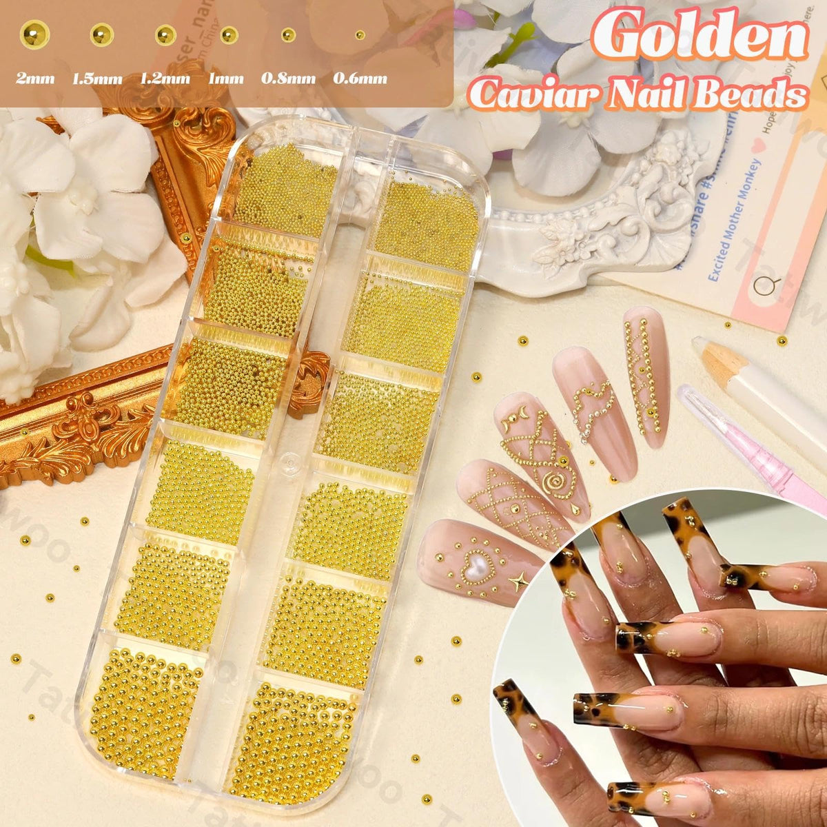 Tatiwoo close-up of mixed gold and silver beads revealing texture for dimensional nail art