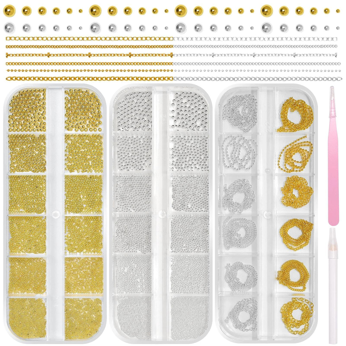 Tatiwoo front packaging showing three organized bead boxes and metallic finish benefits shine