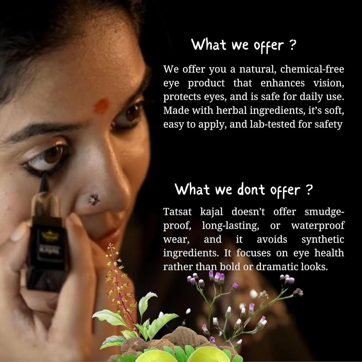 Swatch of Tatsat kajal on hand demonstrating deep color and moisturizing finish