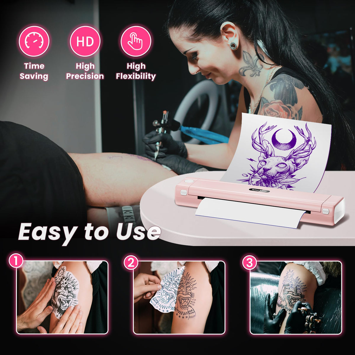 TATTMUSE app on phone showing design preview, enables precise stencil editing