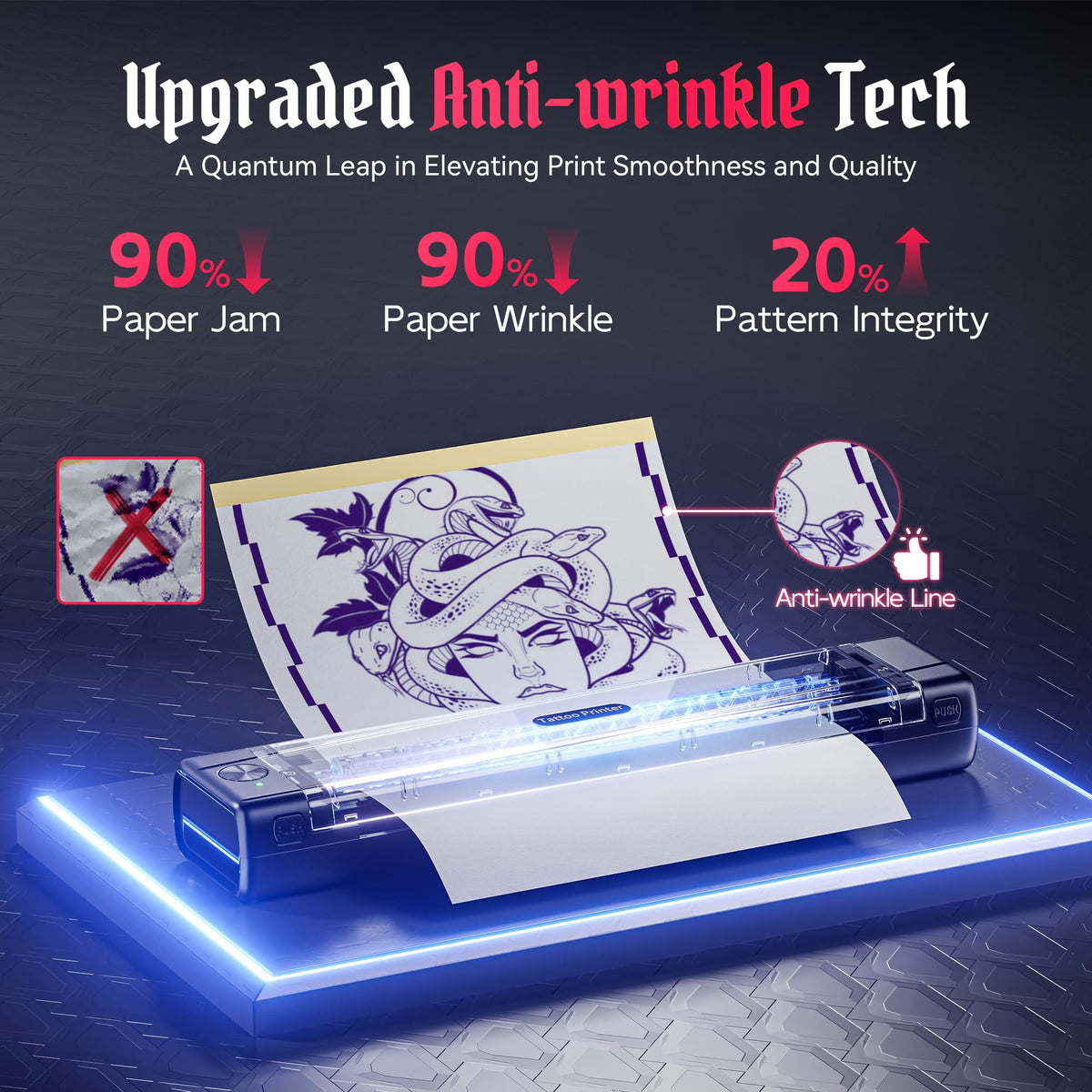 TATTMUSE rear ports and USB‑C connection enabling fast laptop printing