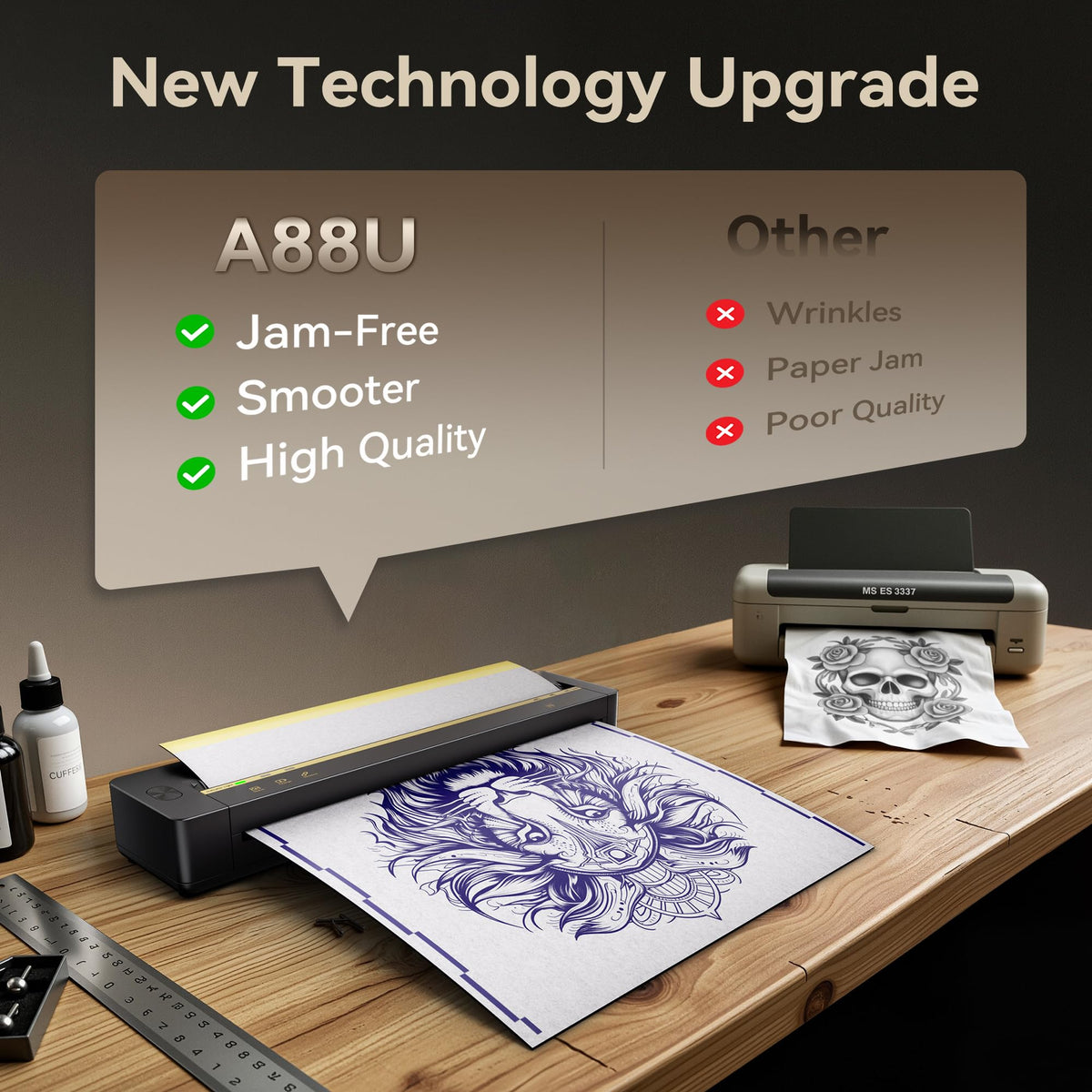 TATTMUSE printer next to A4 paper showing scale for full-back tattoo sizing