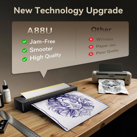 TATTMUSE printer next to A4 paper showing scale for full-back tattoo sizing