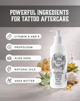 Tattoo Care bottle staged in bathroom lifestyle setting showing daily-use benefit