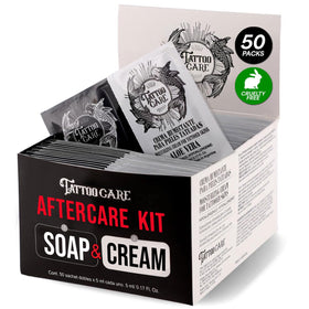 Tattoo Care front packaging showing cream and soap set with clear benefits