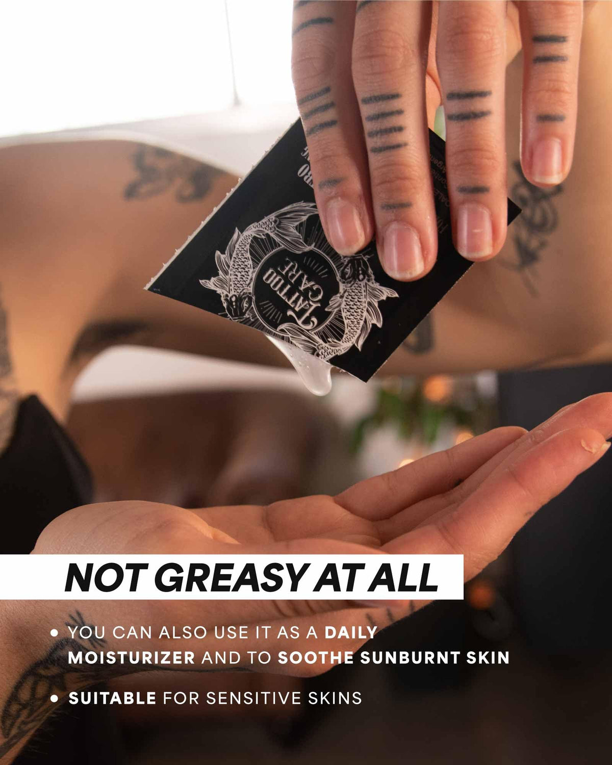 Tattoo Care ingredients label close-up listing propolis vitamins and shea butter