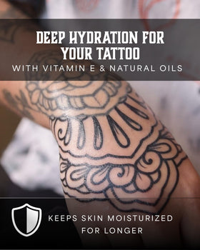 Tattoo Care lotion being applied to tattooed skin showing soothing benefit
