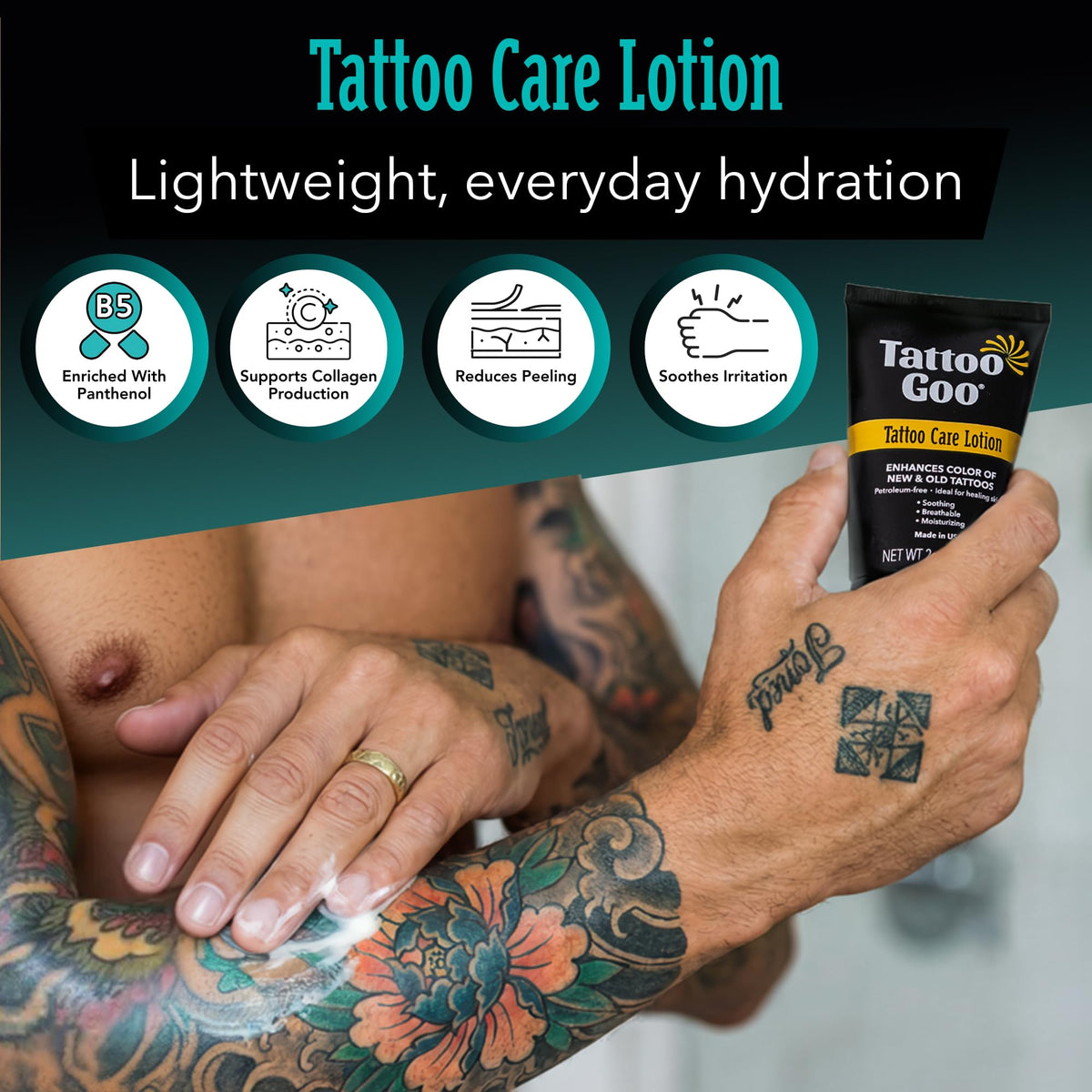 Tattoo Goo being applied to fresh forearm tattoo for soothing protection