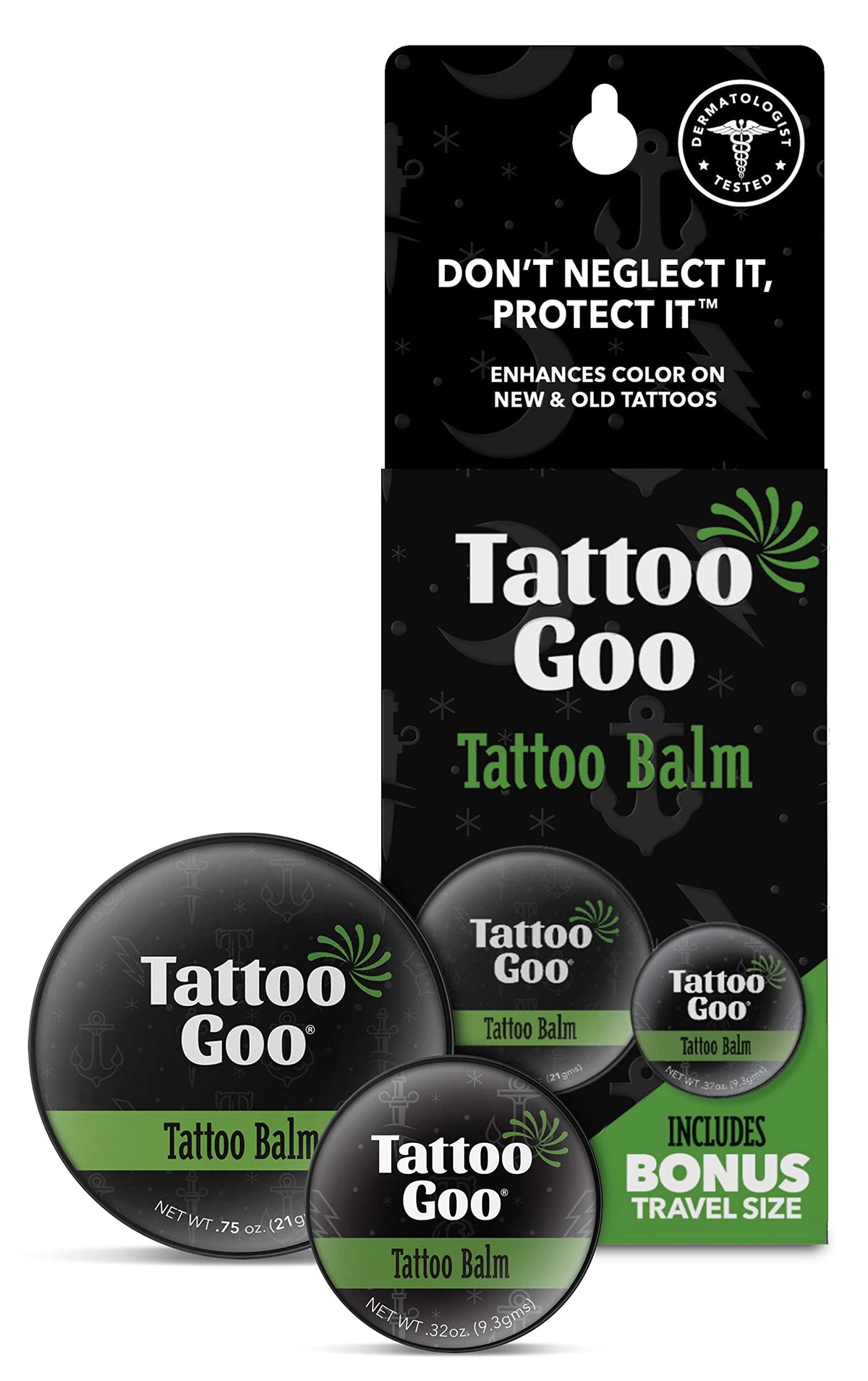 Tattoo Goo front view of travel duo tins showing label and compact size, easy portability benefit