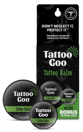 Tattoo Goo front view of travel duo tins showing label and compact size, easy portability benefit