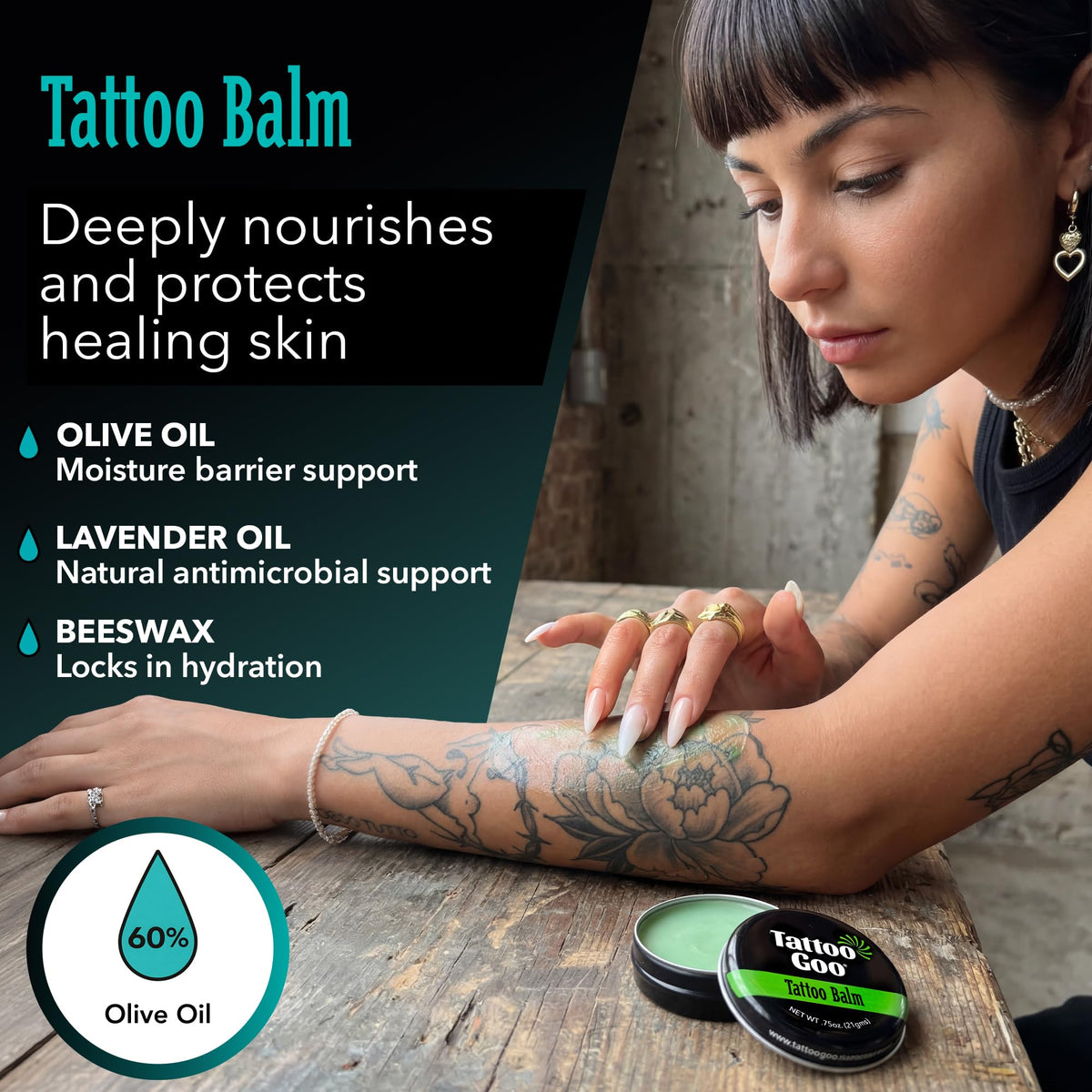 Tattoo Goo ingredients olive oil and beeswax close-up highlighting natural nourishment