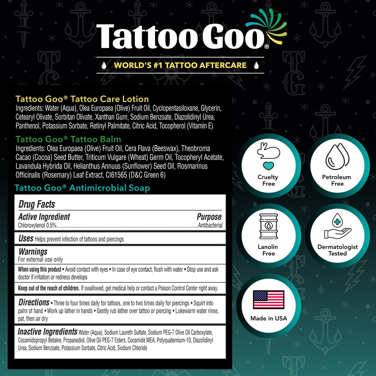 Tattoo Goo products arranged in tattoo studio for professional-ready care