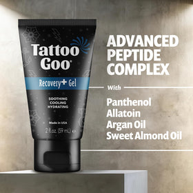 Tattoo Goo ingredient label featuring panthenol, allantoin and glycerin benefits
