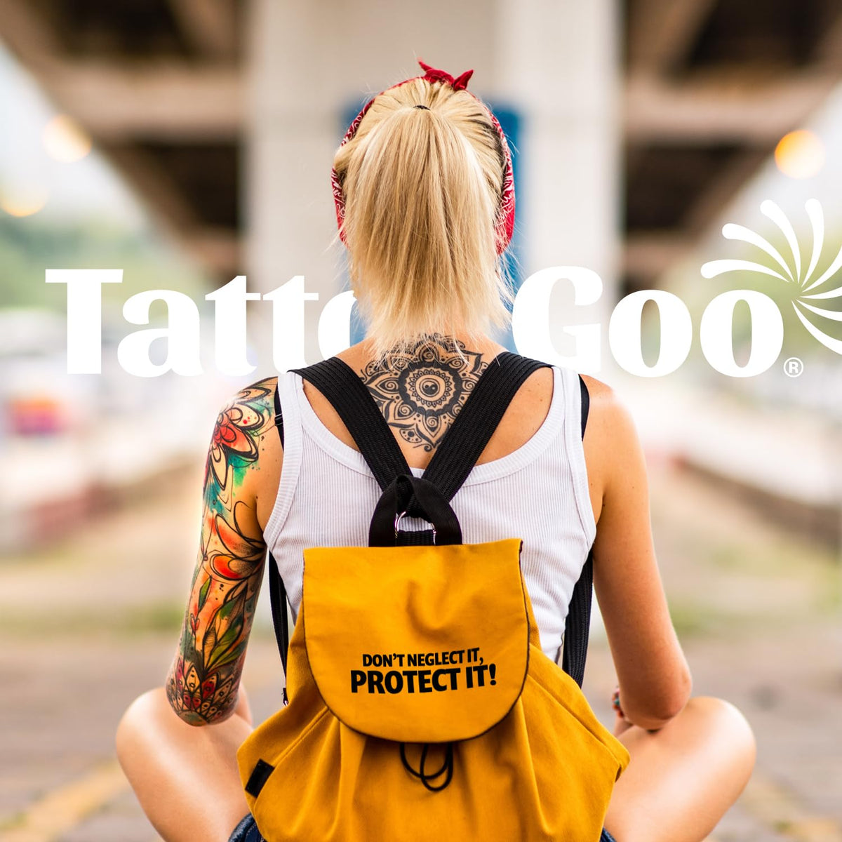 Tattoo Goo tube on bathroom counter lifestyle shot emphasizing daily routine ease