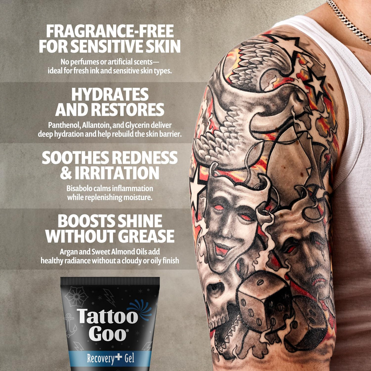 Tattoo Goo gel texture close-up highlighting lightweight, non-greasy absorption benefit