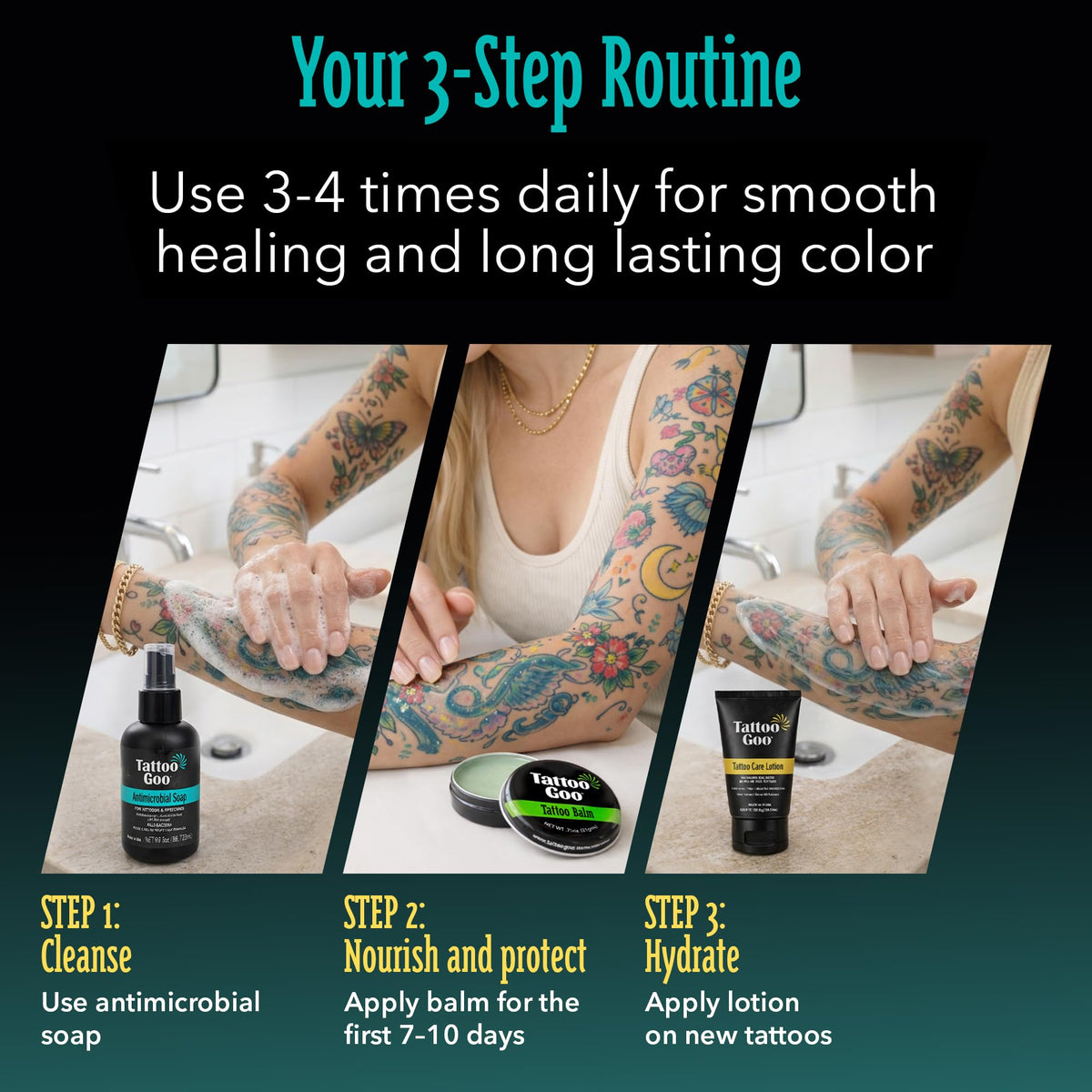 Tattoo Goo kit next to hand for scale to show product sizes