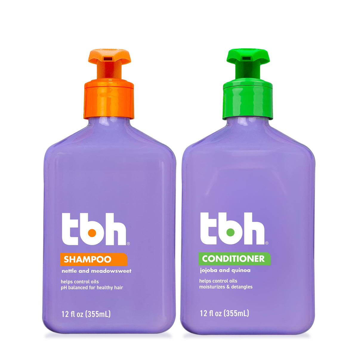 TBH front packaging showing both 12 oz shampoo and conditioner, easy routine