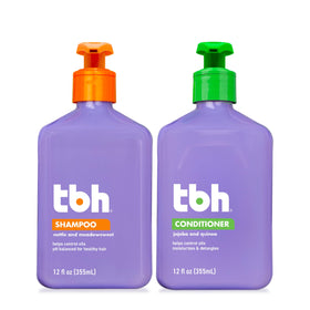 TBH front packaging showing both 12 oz shampoo and conditioner, easy routine