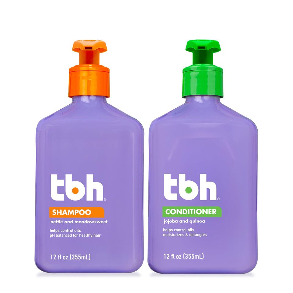 TBH front packaging showing both 12 oz shampoo and conditioner, easy routine