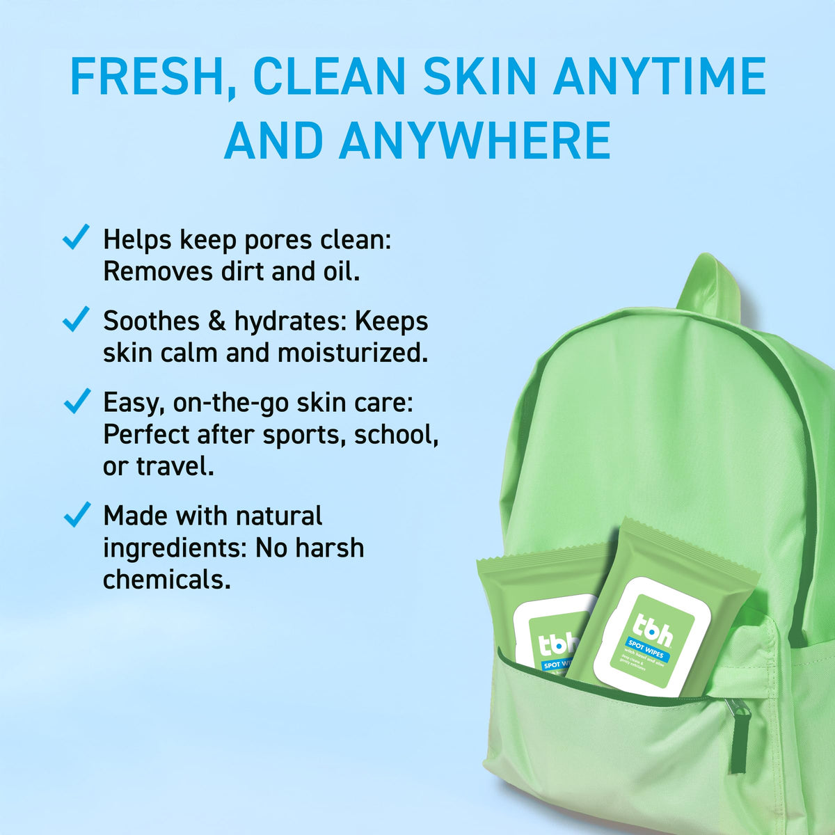 TBH wipe in use on teen face showing quick oil removal and convenience benefit