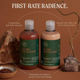 Tea Tree pump and label detail highlighting ingredients and color-protection features