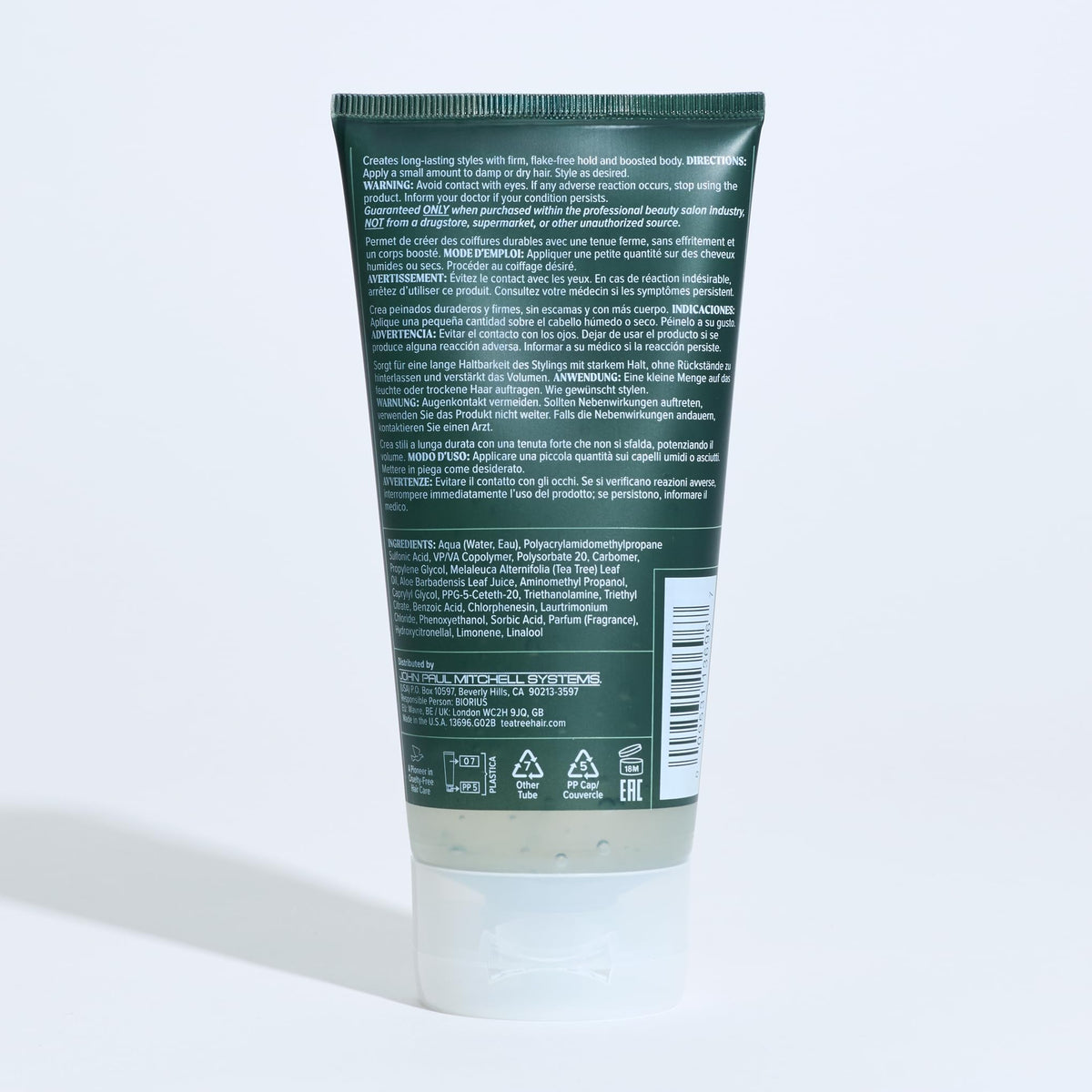 Tea Tree gel beside hand to show the compact 5.1 fl. oz. travel size
