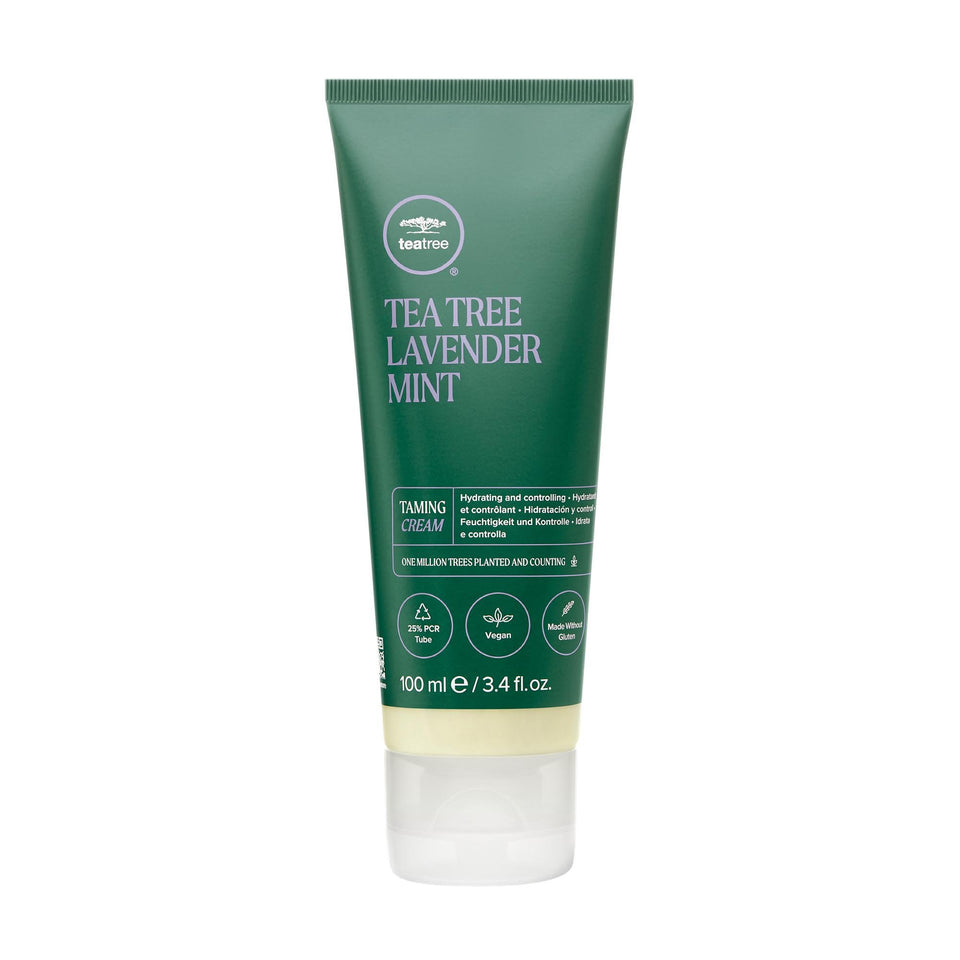 Tea Tree front jar showing lavender mint taming cream and size benefit