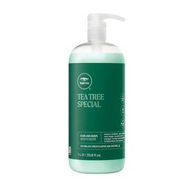 Tea Tree front pump bottle showing size and branding, benefits easy dispensing