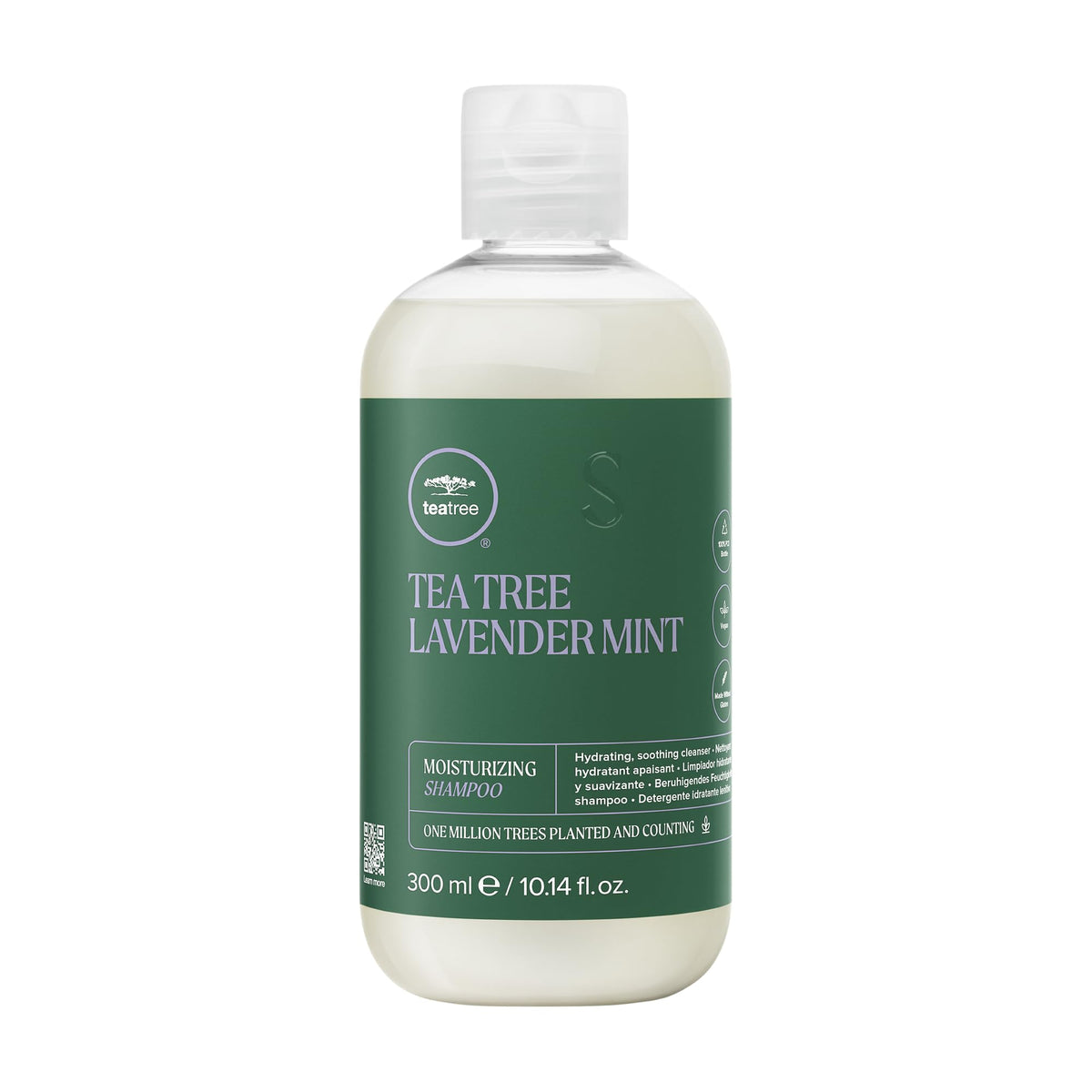 Tea Tree front packaging showing bottle and calming lavender scent benefits.