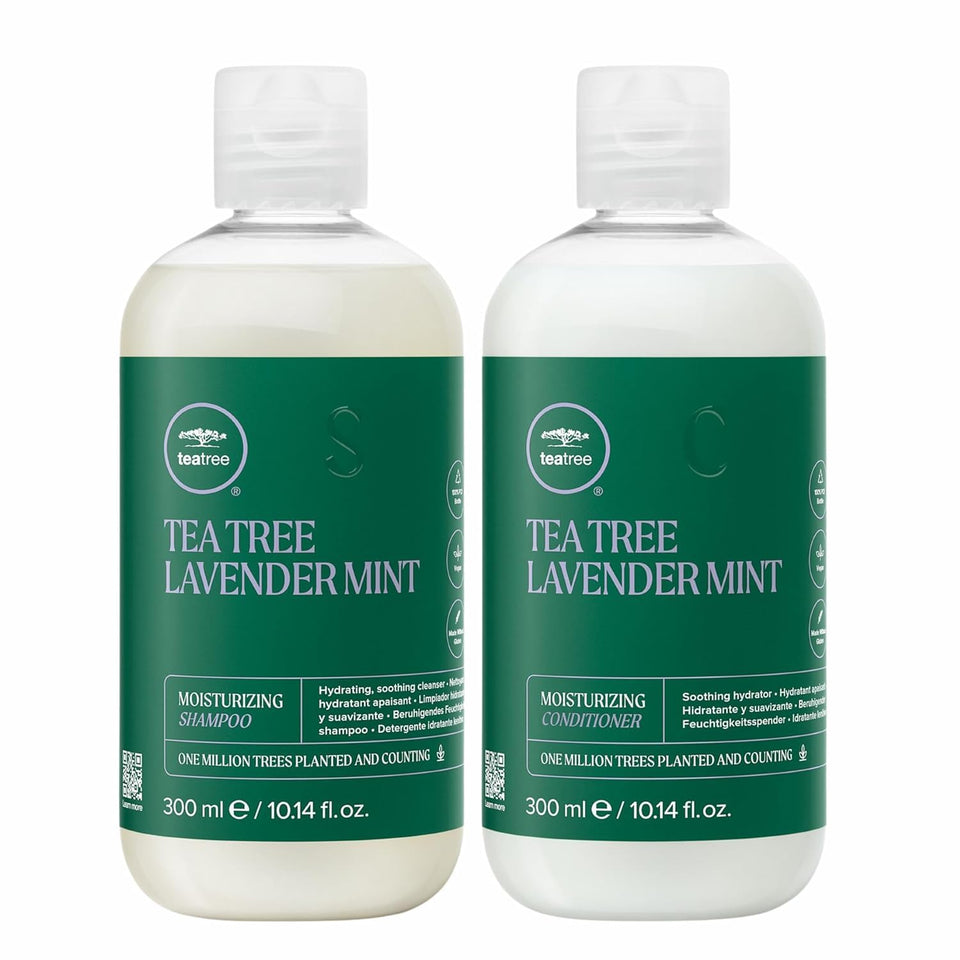 Tea Tree front packaging showing shampoo and conditioner for hydrating hair