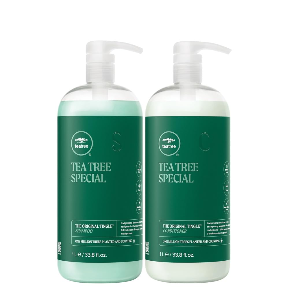 Tea Tree front packaging showing the shampoo and conditioner and refreshing scent benefits