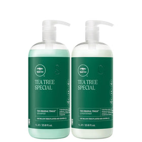 Tea Tree front packaging showing the shampoo and conditioner and refreshing scent benefits