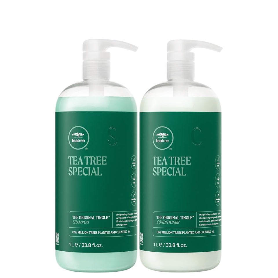 Tea Tree front packaging showing the shampoo and conditioner and refreshing scent benefits