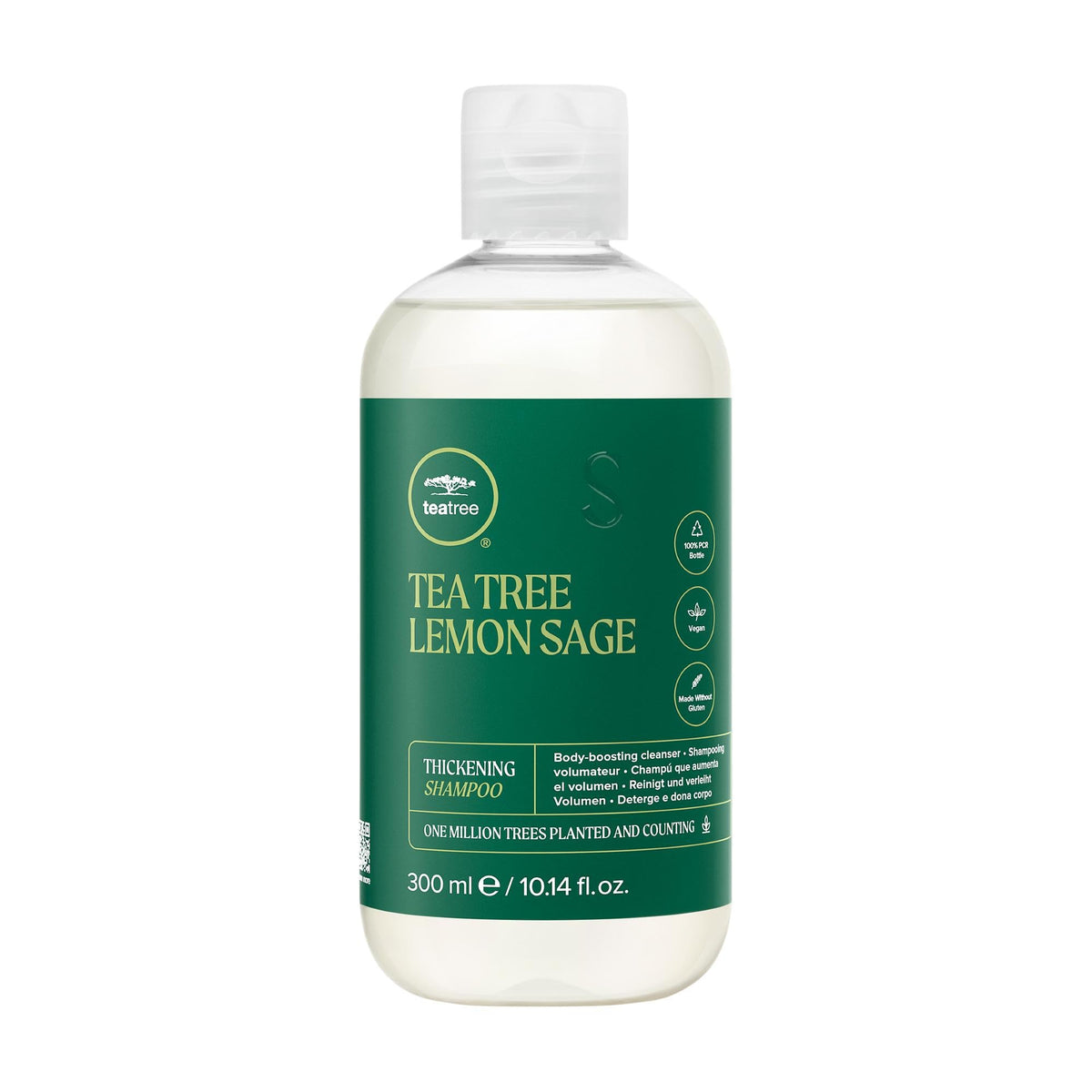 Tea Tree front packaging showing bottle and label, promotes salon-quality volume