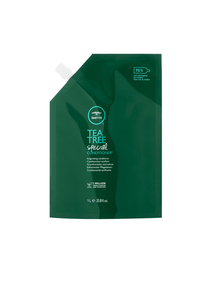 Tea Tree front pouch showing branding and size, signaling eco-friendly refill convenience