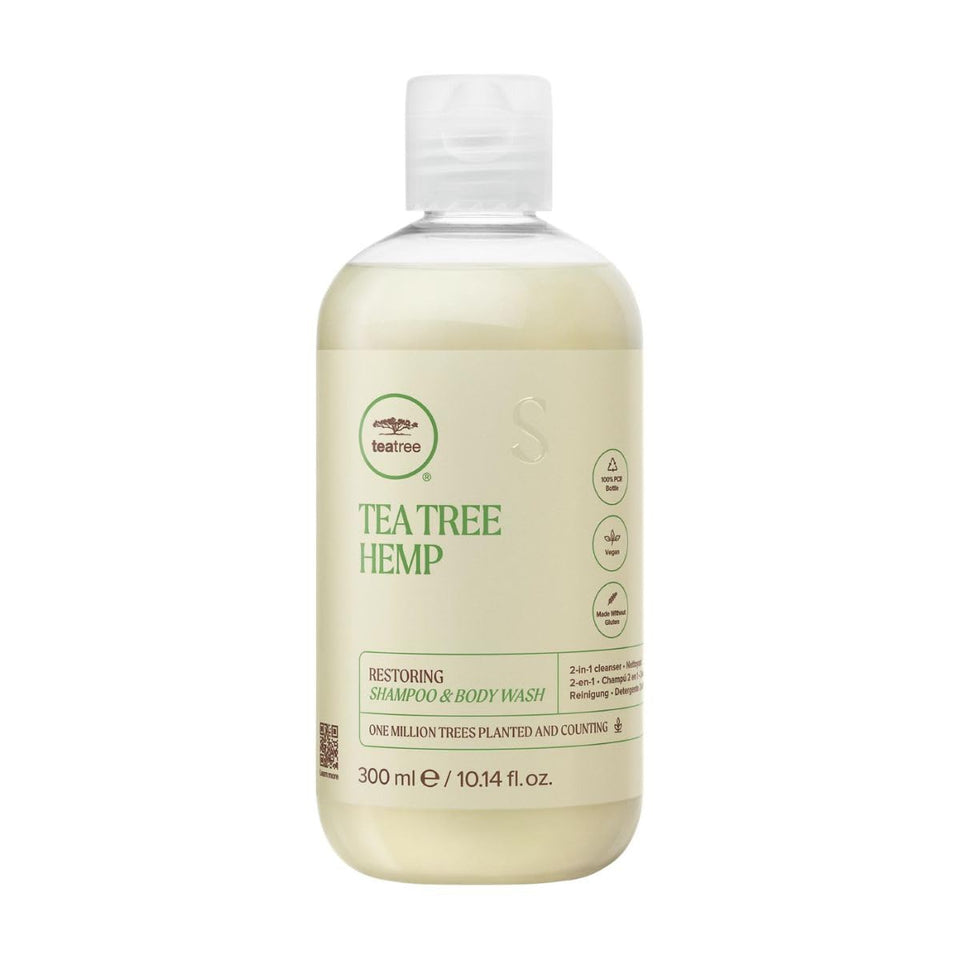 Tea Tree front packaging showing 2-in-1 hemp cleanser benefits