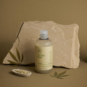 Tea Tree label close-up listing hemp extracts and sulfate-free