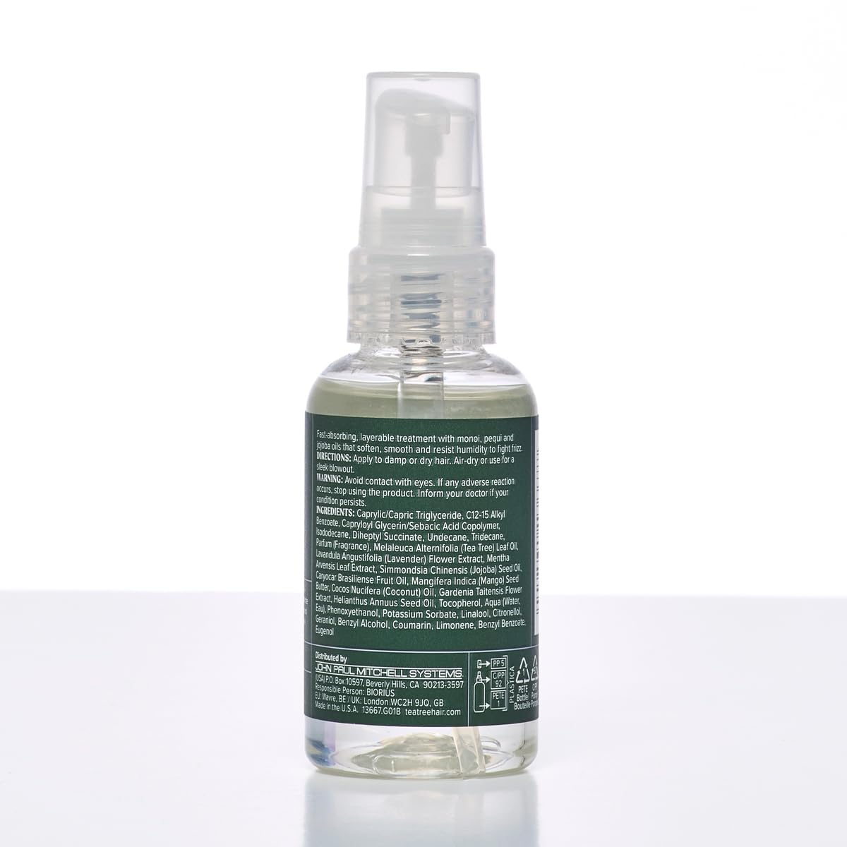 Tea Tree label closeup highlighting ingredients and salon-grade quality