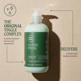 Tea Tree bottle in bathroom routine scene showing daily grooming convenience