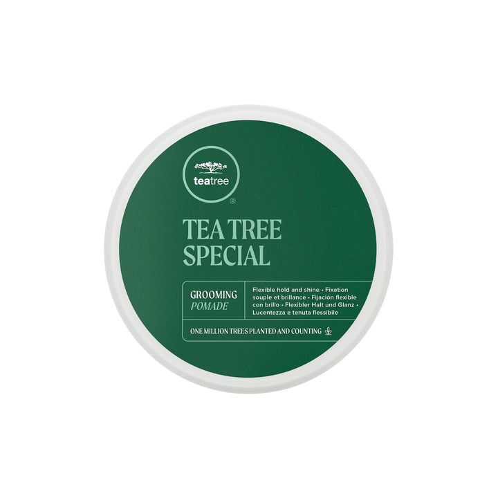 Tea Tree pomade front jar showing clean brand packaging and shine benefit