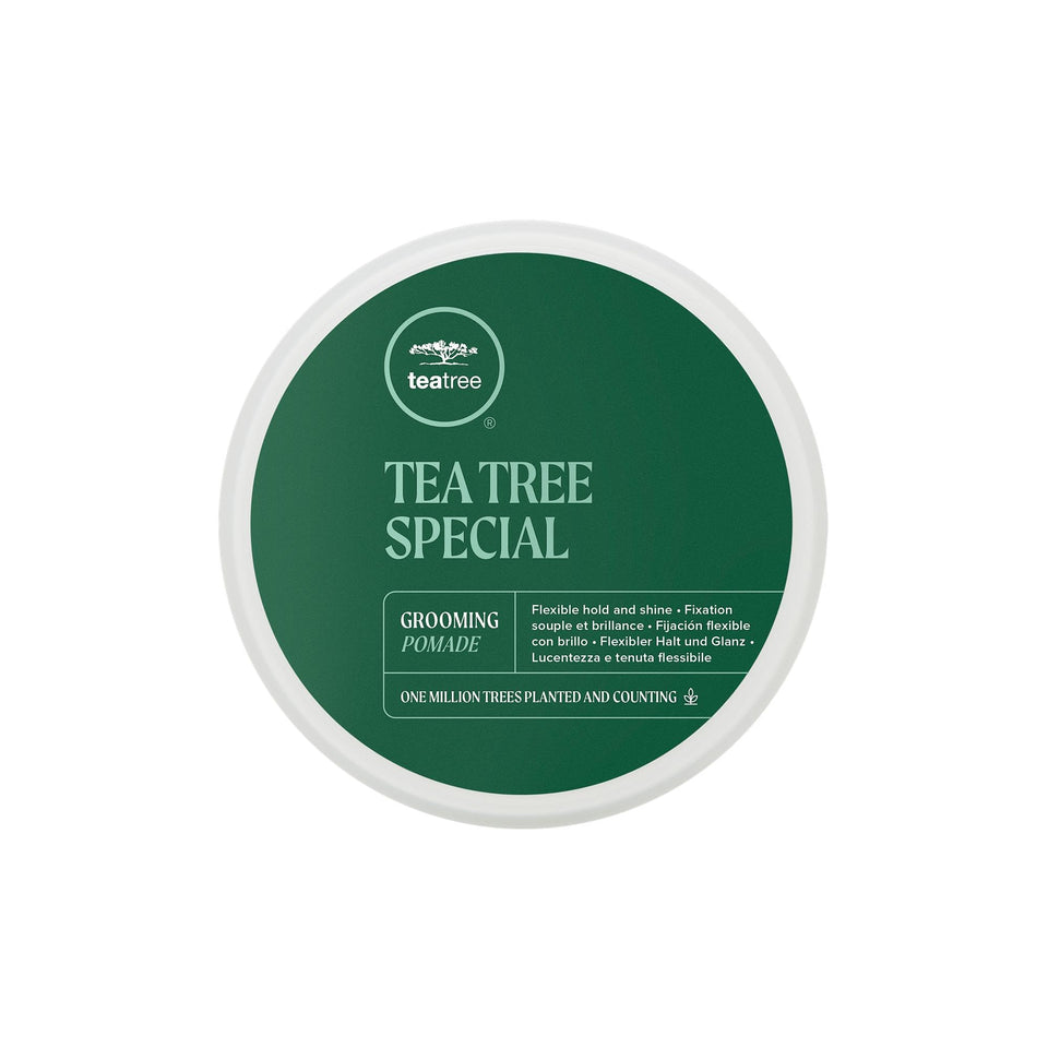 Tea Tree pomade front jar showing clean brand packaging and shine benefit