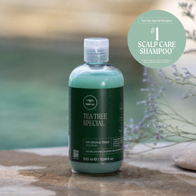 Size comparison of Tea Tree shampoo beside common household bottle