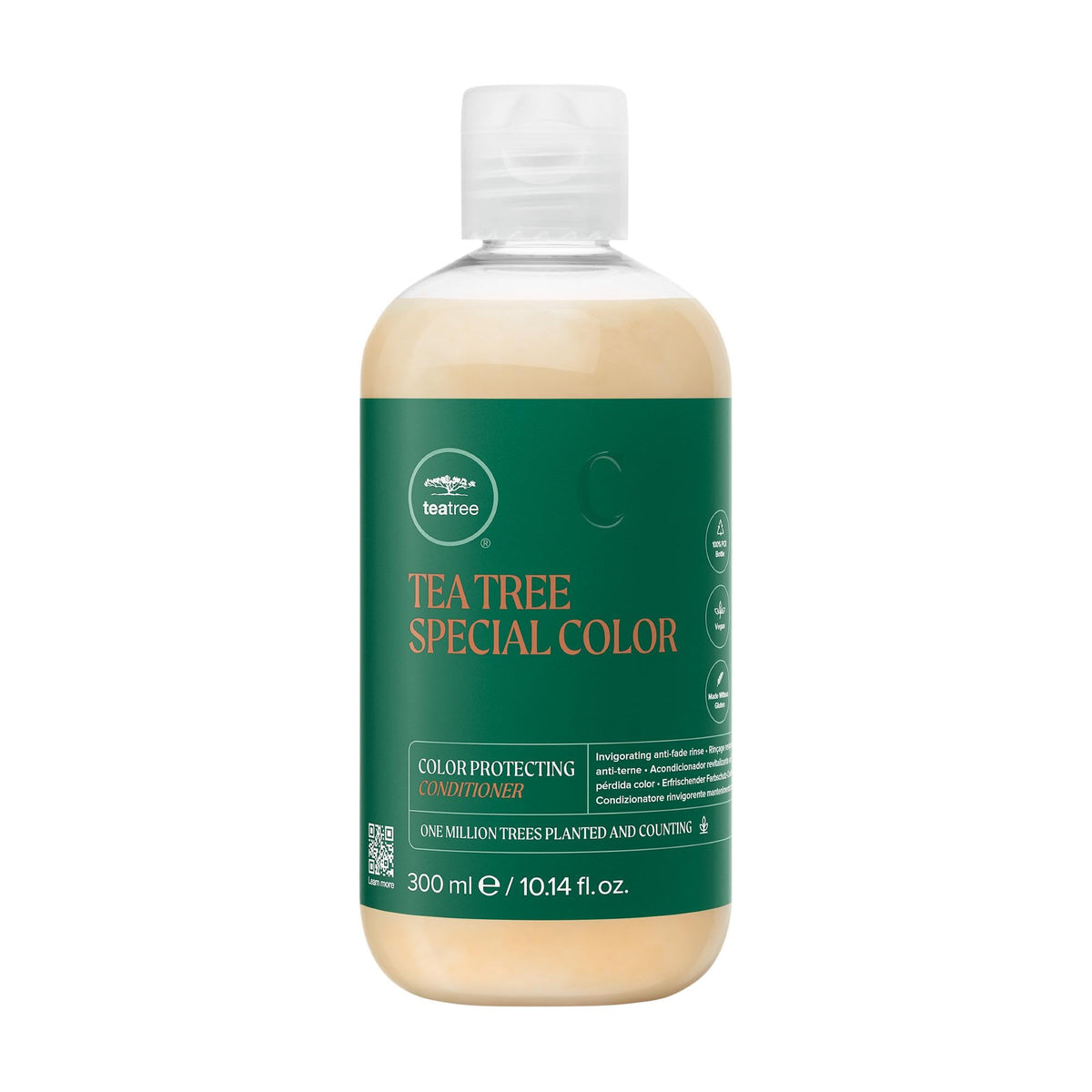 Tea Tree front packaging shows bottle and benefits for salon-quality color care