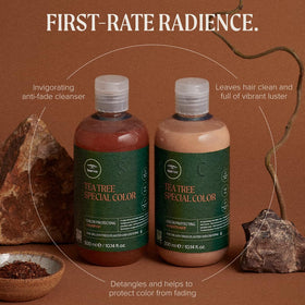 Tea Tree label close-up highlighting ingredients and UV protection benefit